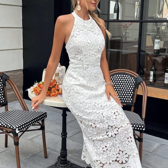 . Dresses & Skirts - White Boho Womens Solid Lace Halter Neck Backless Dress